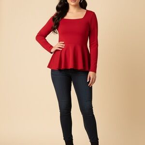 SHAVONNE DORSEY RED SQUARE NECK HILOW PEPTUM TOP, Size Large